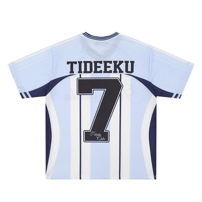 Light blue striped mesh football jersey with navy trim and oversized No. 7 graphic on the back