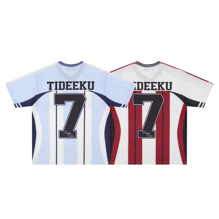 Two Tideeku No.7 striped mesh football jerseys, one light blue and one white with red accents, shown front-facing on white background