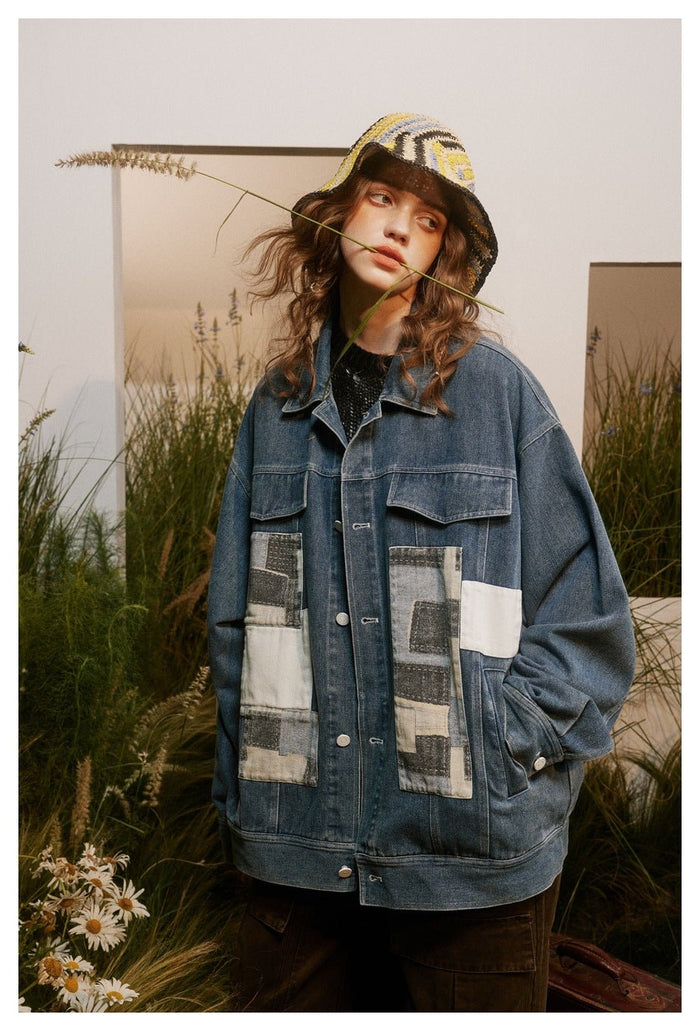 Unique Patchwork Denim Chambray Jacket on Sale - Men's and Women's Long Sleeve Vintage Style - Seakoff