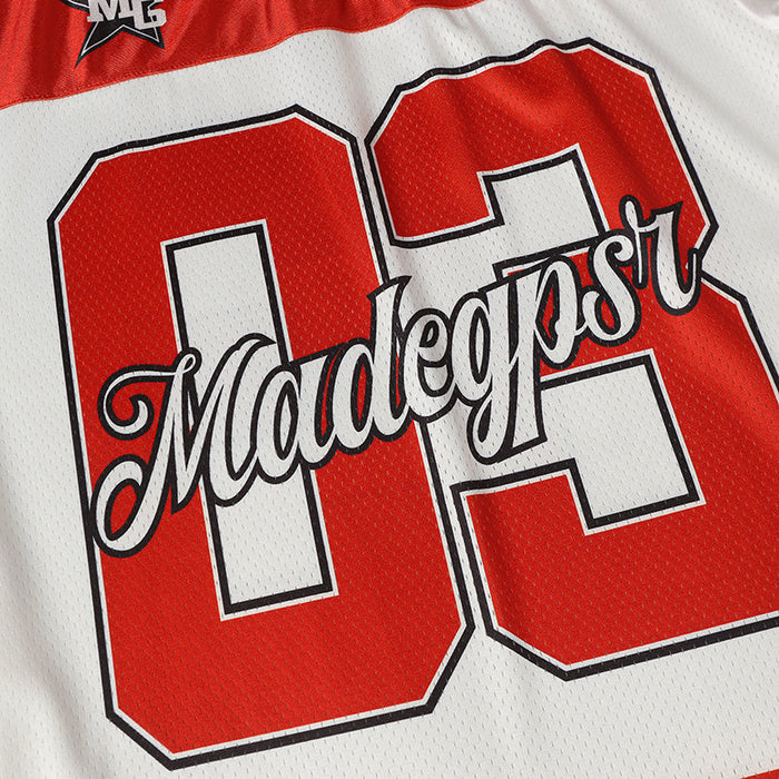 Red and white varsity football jersey with bold number 03 and Madegprst script across the chest