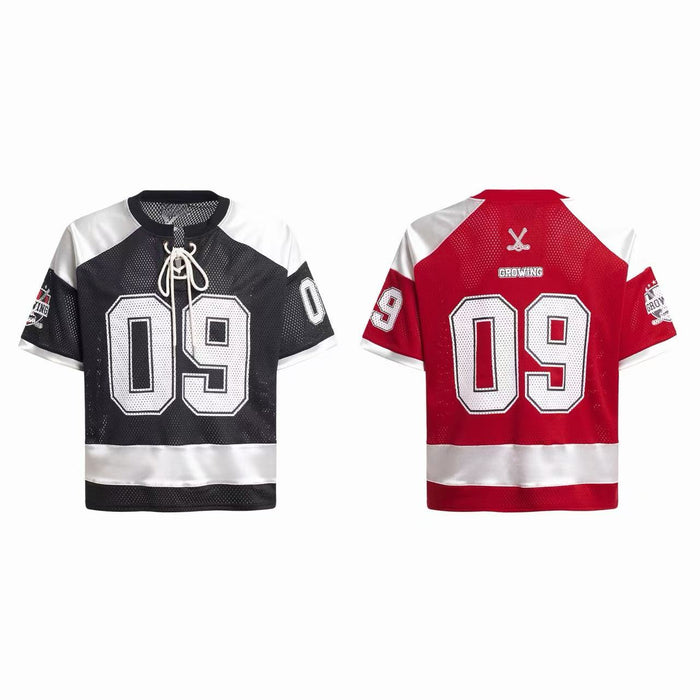 Front and back view of black and red varsity mesh hockey jersey t-shirts with number 09 graphic and lace-up neckline