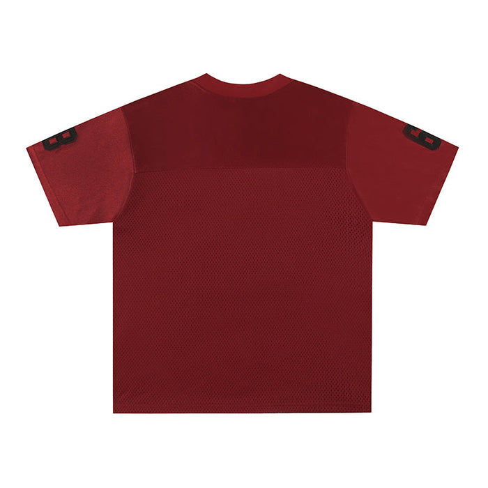 Maroon varsity football jersey with mesh body, black number 68 on the sleeves, shown front view on a white background