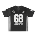 Black varsity-style mesh football jersey with white number 68, star logos, and striped side panels