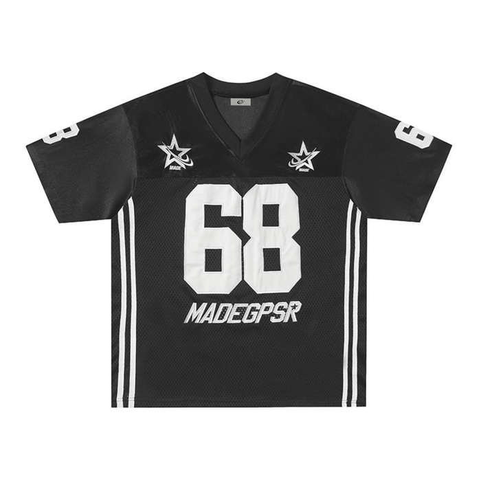 Black varsity-style mesh football jersey with white number 68, star logos, and striped side panels