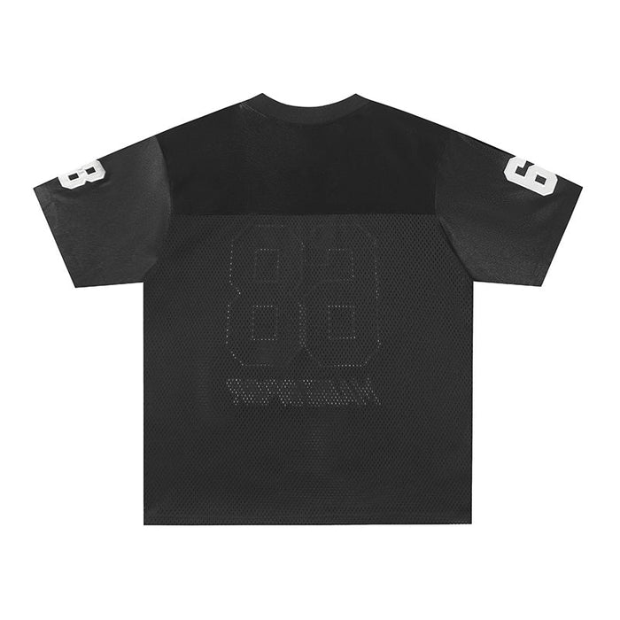 Black mesh varsity football jersey with number 68 on the back and sleeves, streetwear sports tee on white background