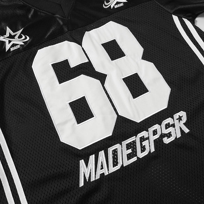 Black mesh varsity football jersey with white number 68 and MADEGPR star logo details