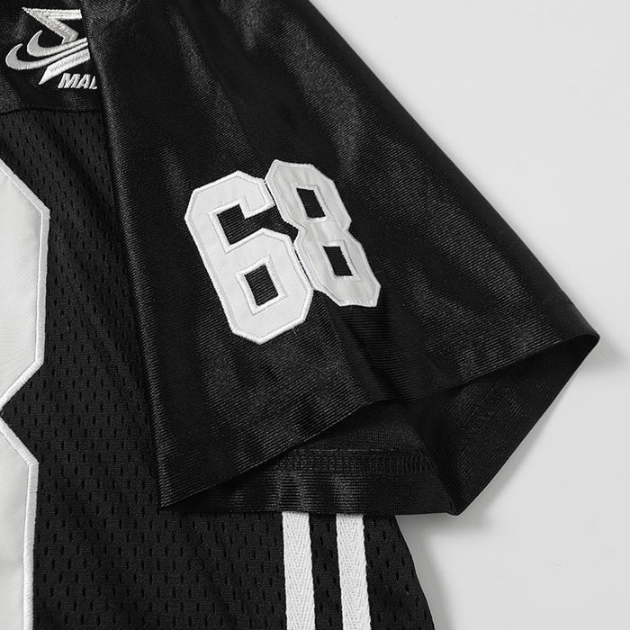 Black mesh varsity football jersey with white number 68 and striped detailing on the sleeve and chest