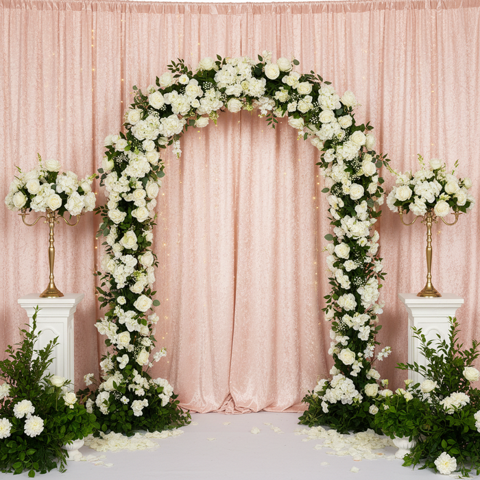 Velvet 10ft H x 52" W Drape/Backdrop Curtain Panel - Blush/Rose Gold with flower arch | flower centerpiece