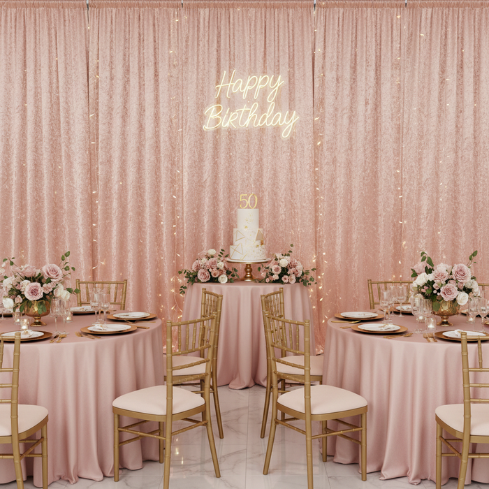 Velvet 10ft H x 52" W Drape/Backdrop Curtain Panel - Blush/Rose Gold with happy birthday neon sign