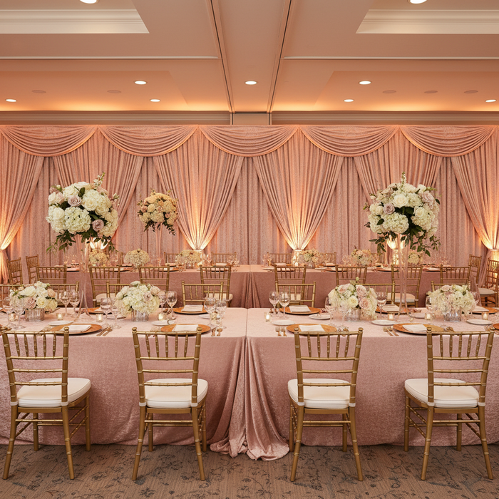 Velvet 10ft H x 52" W Drape/Backdrop Curtain Panel - Blush/Rose Gold with double crossbar and swagged drapes