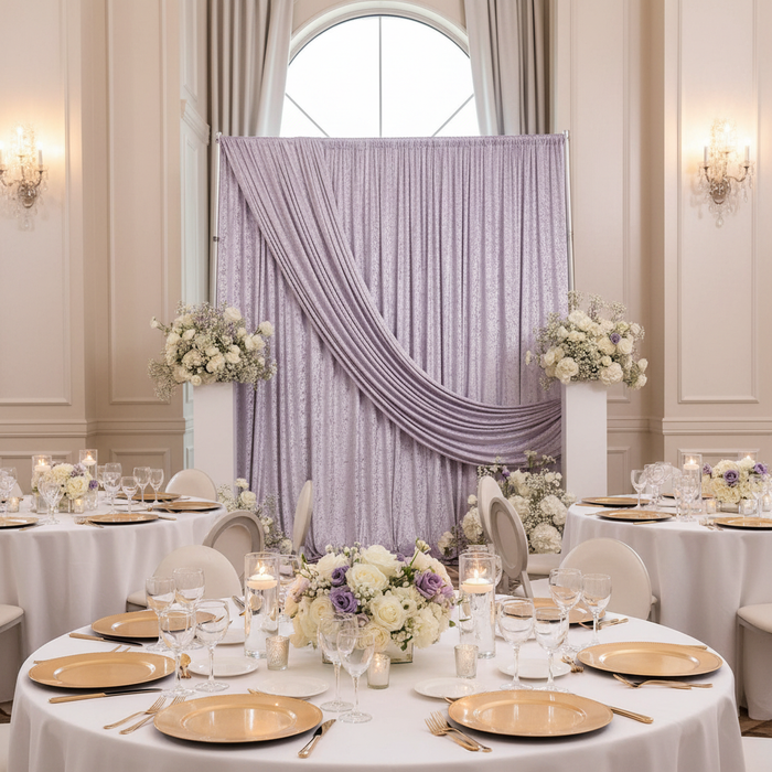 Velvet 10ft H x 52" W Drape/Backdrop Curtain Panel - Wisteria in Indoor Reception.