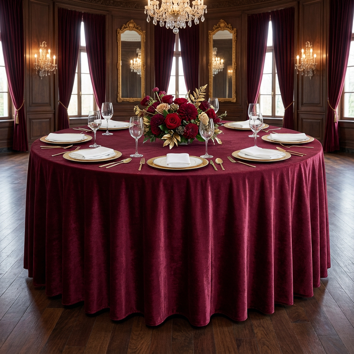 Velvet 120" Round Tablecloth - Burgundy - CV Linens