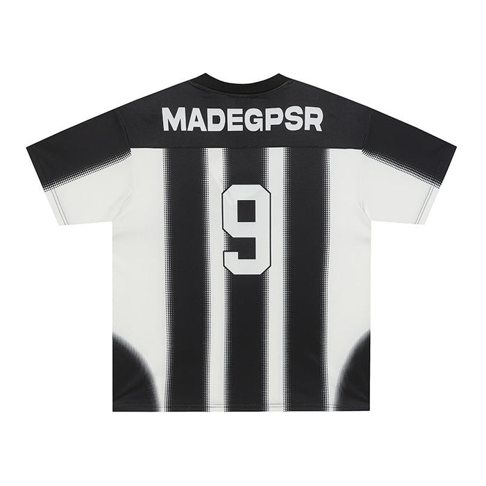 Black and white vertical stripe football jersey with number 9 and MADEGPSR across the back