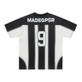 Black and white vertical stripe football jersey with number 9 and MADEGPSR across the back