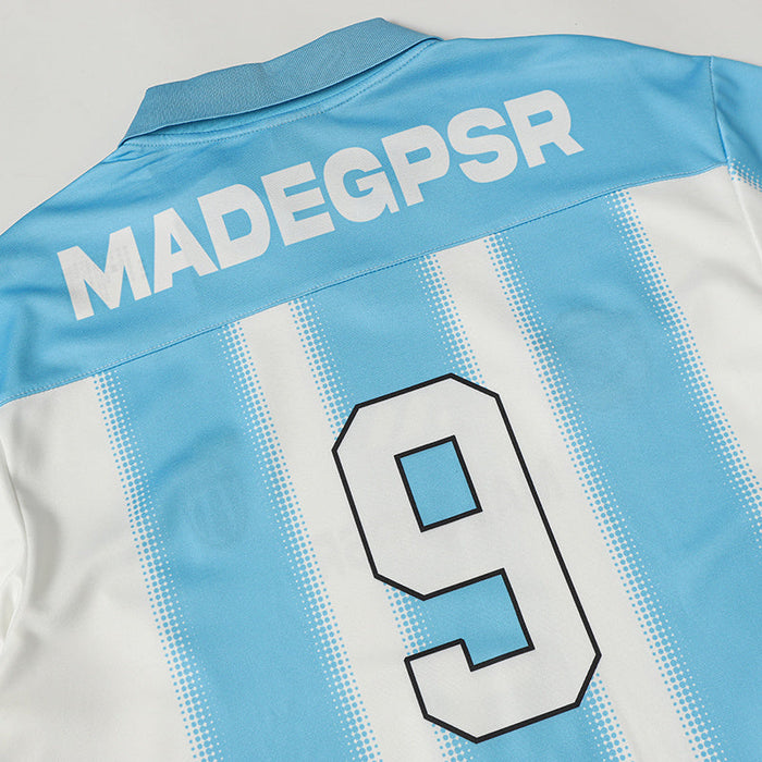 Light blue and white striped football jersey with MADEGPSR lettering and large number 9 on the back