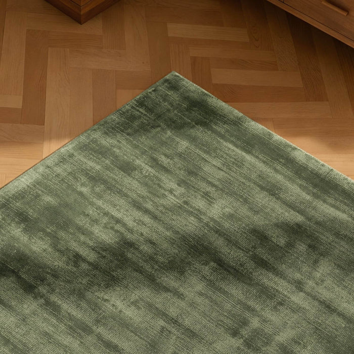 Green rug on a wooden floor