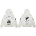 Front and back view of a washed grey zip-up hoodie with black gothic graphic prints and cross motifs