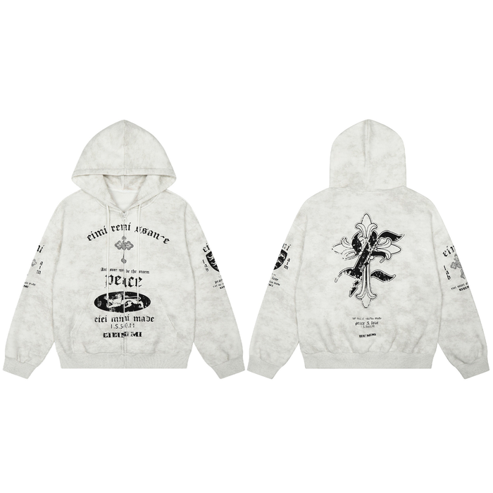 Front and back view of a washed grey zip-up hoodie with black gothic graphic prints and cross motifs