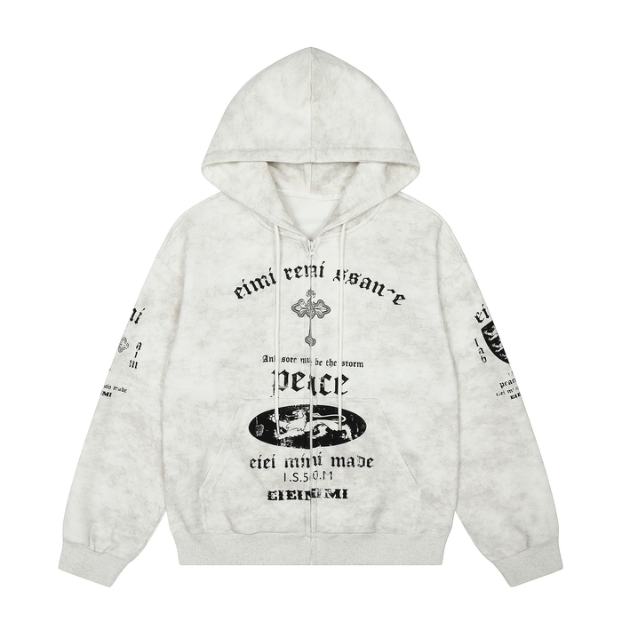 Front view of white zip-up hoodie with black gothic graphics and drawstrings