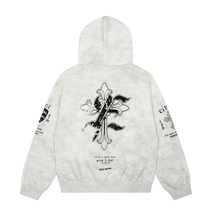 Back view of white hoodie showing large black cross graphic and distressed print