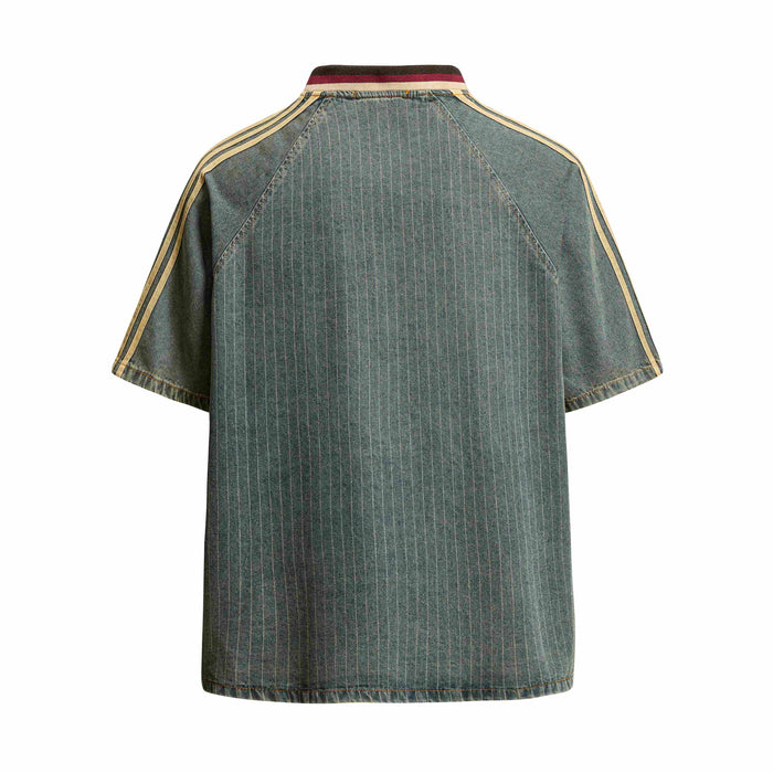 Vintage pinstripe denim sport tee with striped shoulder trim and ribbed collar, shown from the back on a white background