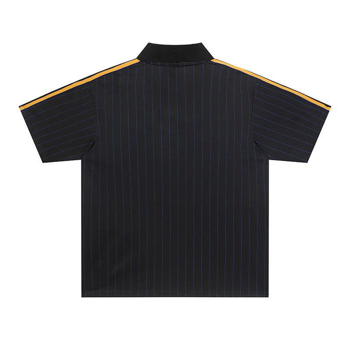 Black pinstripe football jersey with orange shoulder stripes and a classic streetwear collar, shown from the back