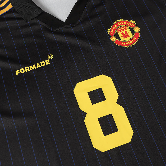 Black pinstripe football jersey with yellow number 8, V-neck collar, and streetwear-inspired vintage styling