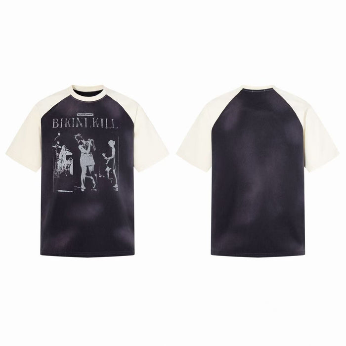 Front and back view of a washed charcoal raglan band tee with cream sleeves and a vintage Bikini Kill concert graphic print