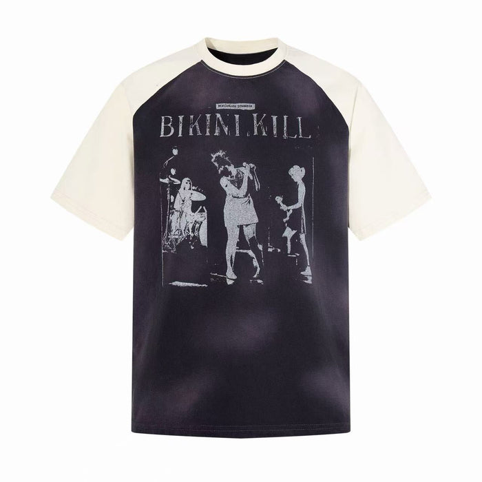 Vintage raglan band tee with cream sleeves and black Bikini Kill graphic print on the front