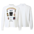 White waffle-knit long sleeve tee with collage-style graphic print on front, shown from front and back