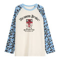Cream waffle-knit raglan long sleeve tee with blue camo contrast sleeves and vintage crest graphic on chest
