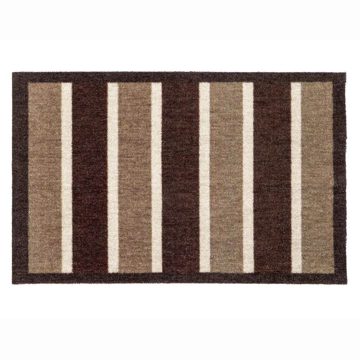 Striped rug with brown and beige vertical stripes on a white background
