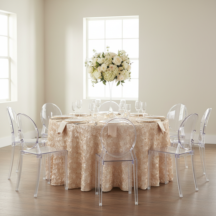 Wedding Rosette SATIN 132" Round Tablecloth - Champagne.