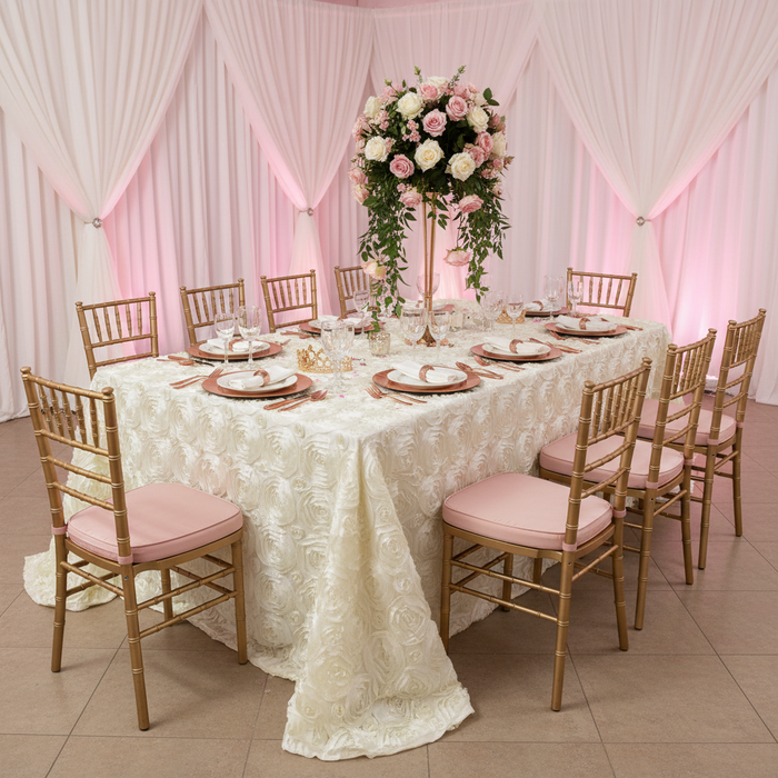 Wedding Rosette Satin 90"x132" rectangular Tablecloth - Ivory with gold charger plate | white dinner plate | white napkin | flower centerpiece | chiavari chair