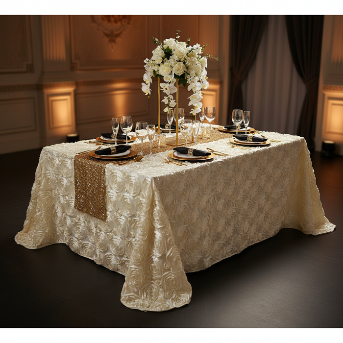 Wedding Rosette Satin 90"x132" rectangular Tablecloth - Ivory with gold charger plate | white dinner plate | black napkin | flower centerpiece | table runner | wine goblets