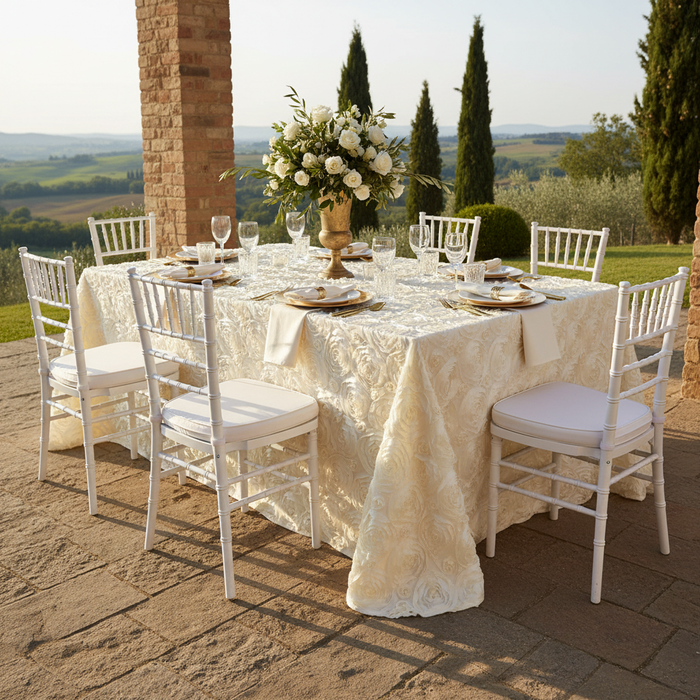 Wedding Rosette Satin 90"x132" rectangular Tablecloth - Ivory with gold charger plate | white dinner plate | white napkin|