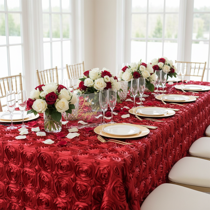 Wedding Rosette Satin 90"x156" rectangular Tablecloth - Apple Red for engagement party with gold charger plate | white chiavari chair