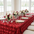 Wedding Rosette Satin 90"x156" rectangular Tablecloth - Apple Red for engagement party with gold charger plate | white chiavari chair
