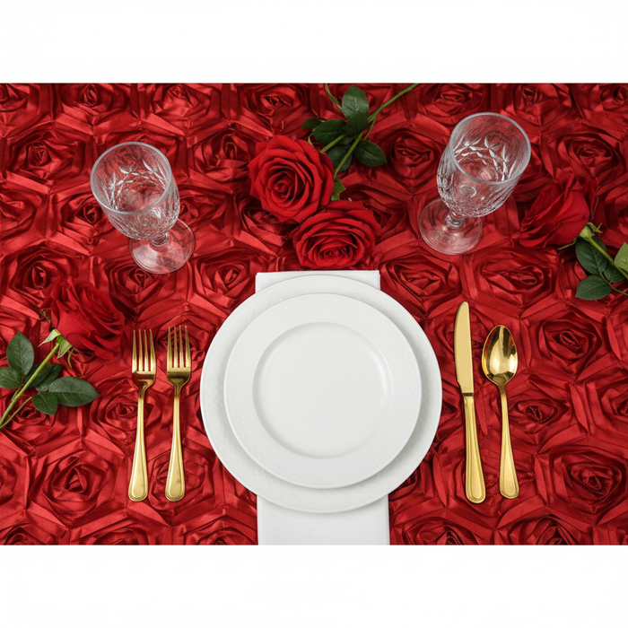 Wedding Rosette Satin 90"x156" rectangular Tablecloth - Apple Red for engagement party with white dinner plate | wine goblets