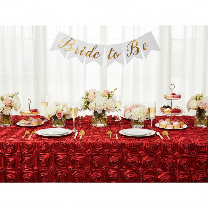 Wedding Rosette Satin 90"x156" rectangular Tablecloth - Apple Red for bridal shower with white dinner plate | wine goblets