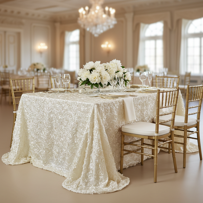 Wedding Rosette Satin 90"x156" rectangular Tablecloth - Ivory with gold trimmed charger plate | white dinner plate | gold chiavari chair | white napkin
