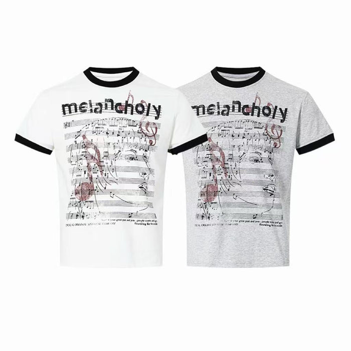 White and grey melancholy graphic ringer t-shirts with music sheet print and contrast black trim, shown side by side