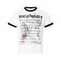 White ringer T-shirt with black trim and melancholy music sheet graphic print on the front