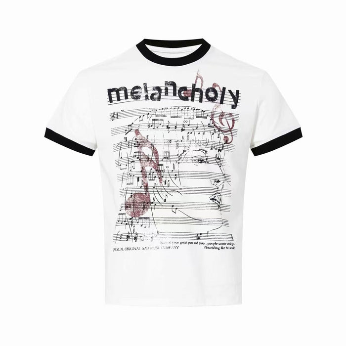 White ringer T-shirt with black trim and melancholy music sheet graphic print on the front