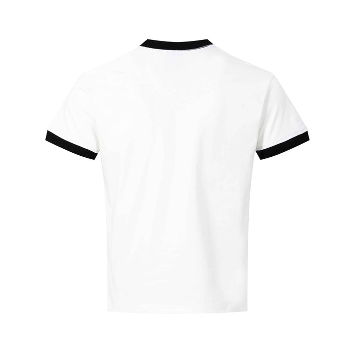 White ringer T-shirt with black collar and sleeve trim, shown from the back on a plain white background