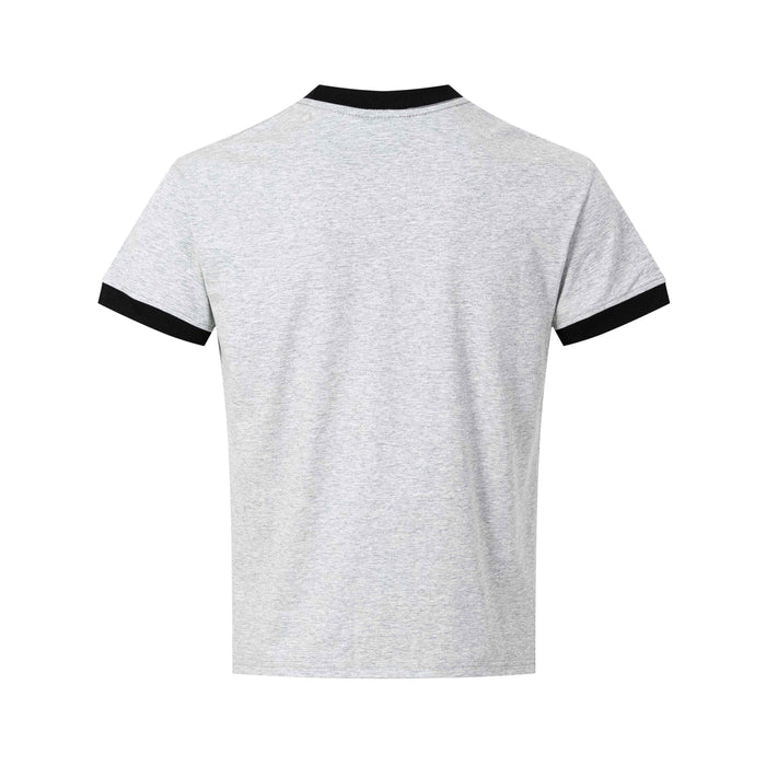 Light gray ringer T-shirt with black collar and sleeve trim, shown from the back on a white background