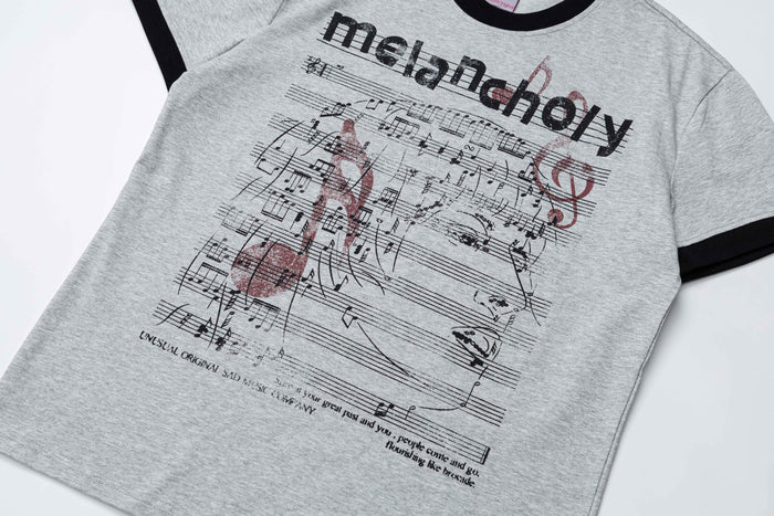 Gray ringer T-shirt with black and red melancholy music sheet graphic and vintage distressed print