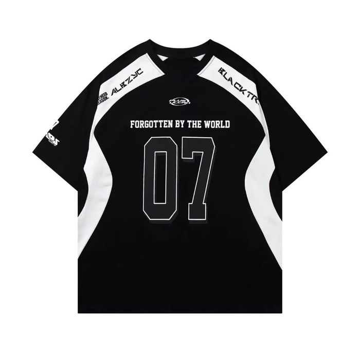 Black and white varsity raglan tee with bold 07 graphic and Forgotten by the World streetwear lettering
