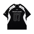Black and white varsity raglan tee with bold 07 graphic and Forgotten by the World streetwear lettering