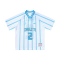 White mesh jersey with blue vertical stripes, Charlotte lettering and number 2 graphic on the front